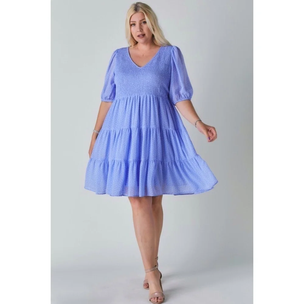 Davi & Dani Blue Polka Dot V Neck Short Sleeve Tiered Midi Dress - Picture 9 of 9
